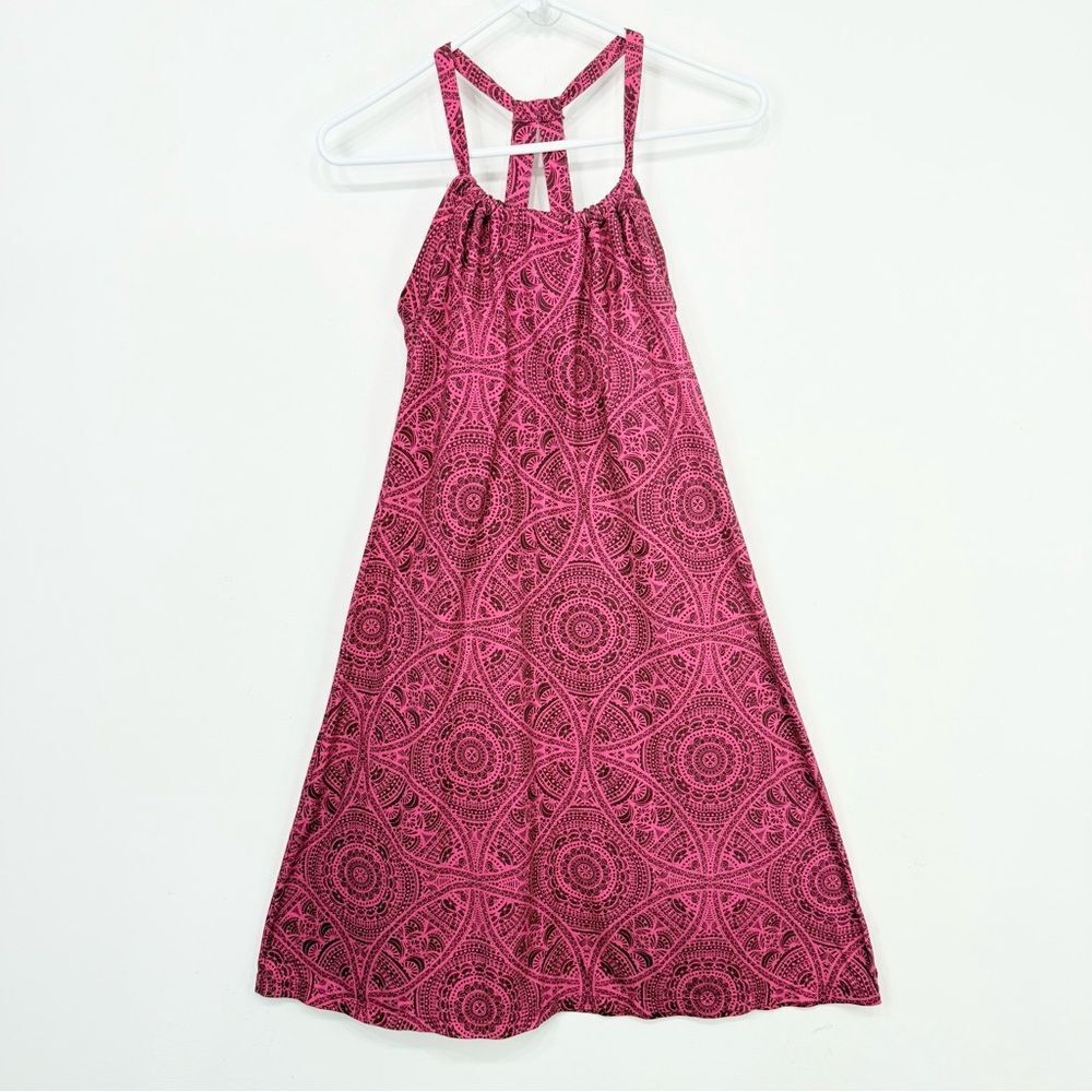 Prana Pink Red Medallion Halter Back Athleisure Stretch A-Line Dress